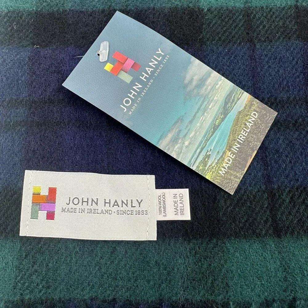 John Hanly 100% Lambswool Scarf Tartan Plaid Green & Blue 65